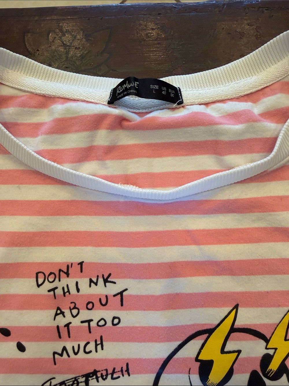 ROMWE Pink and White Striped Short Sleeve Tee with Graphic Text